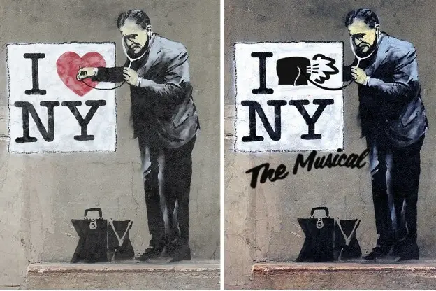 Photograph of actual 2010 Banksy from Bawol on the left, fake Photoshop on the right.